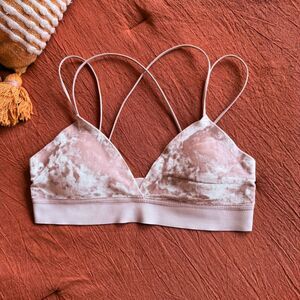 Crushed Velvet Triangle Bralette with Crossover Strap Back in Baby Pink size M